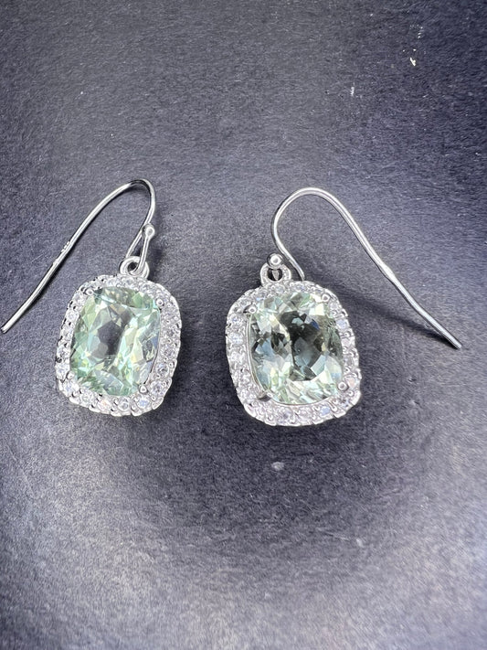 Prasiolite and zircon sterling silver halo earrings