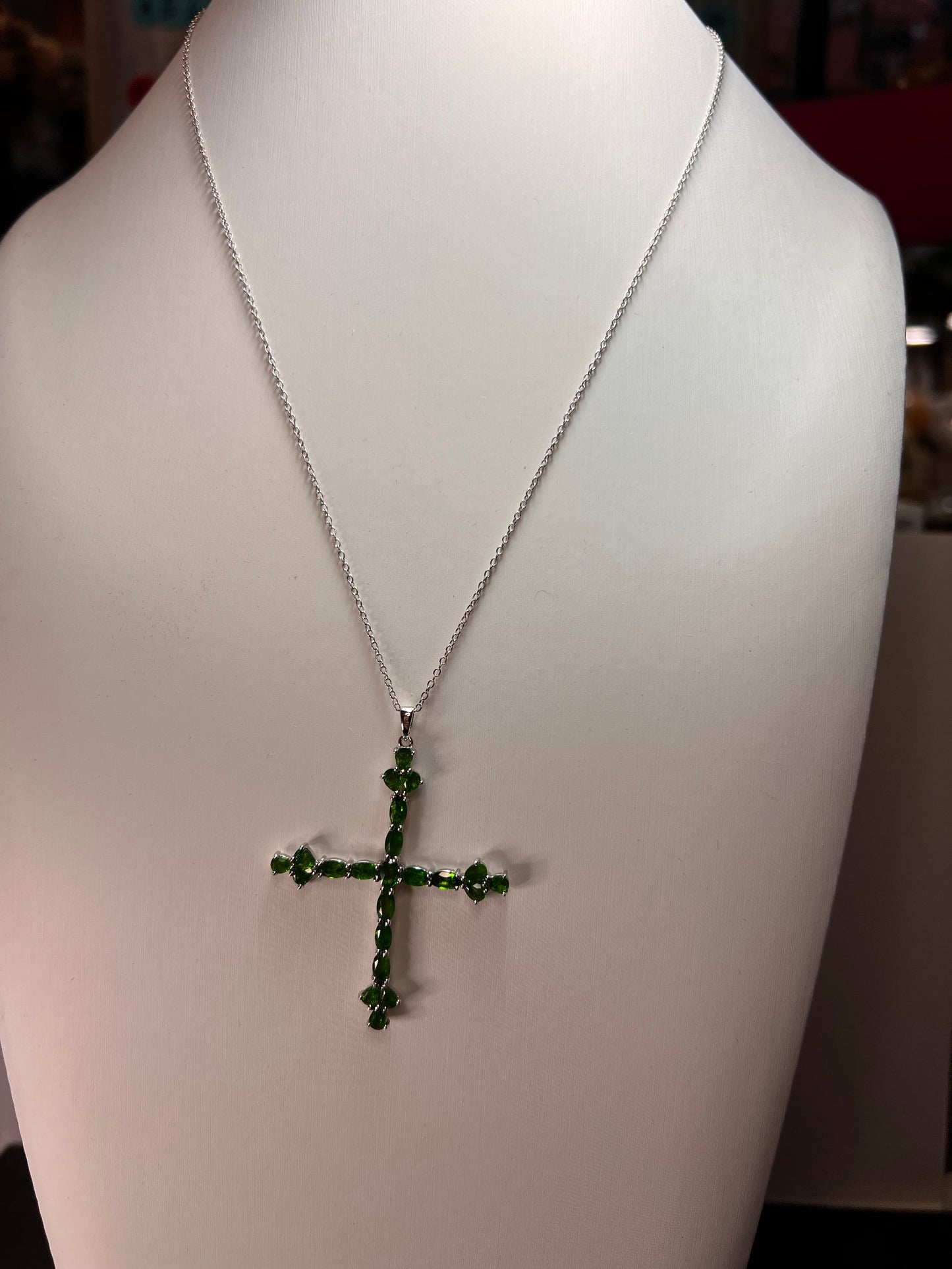 Chrome diopside cross pendant and chain in sterling silver