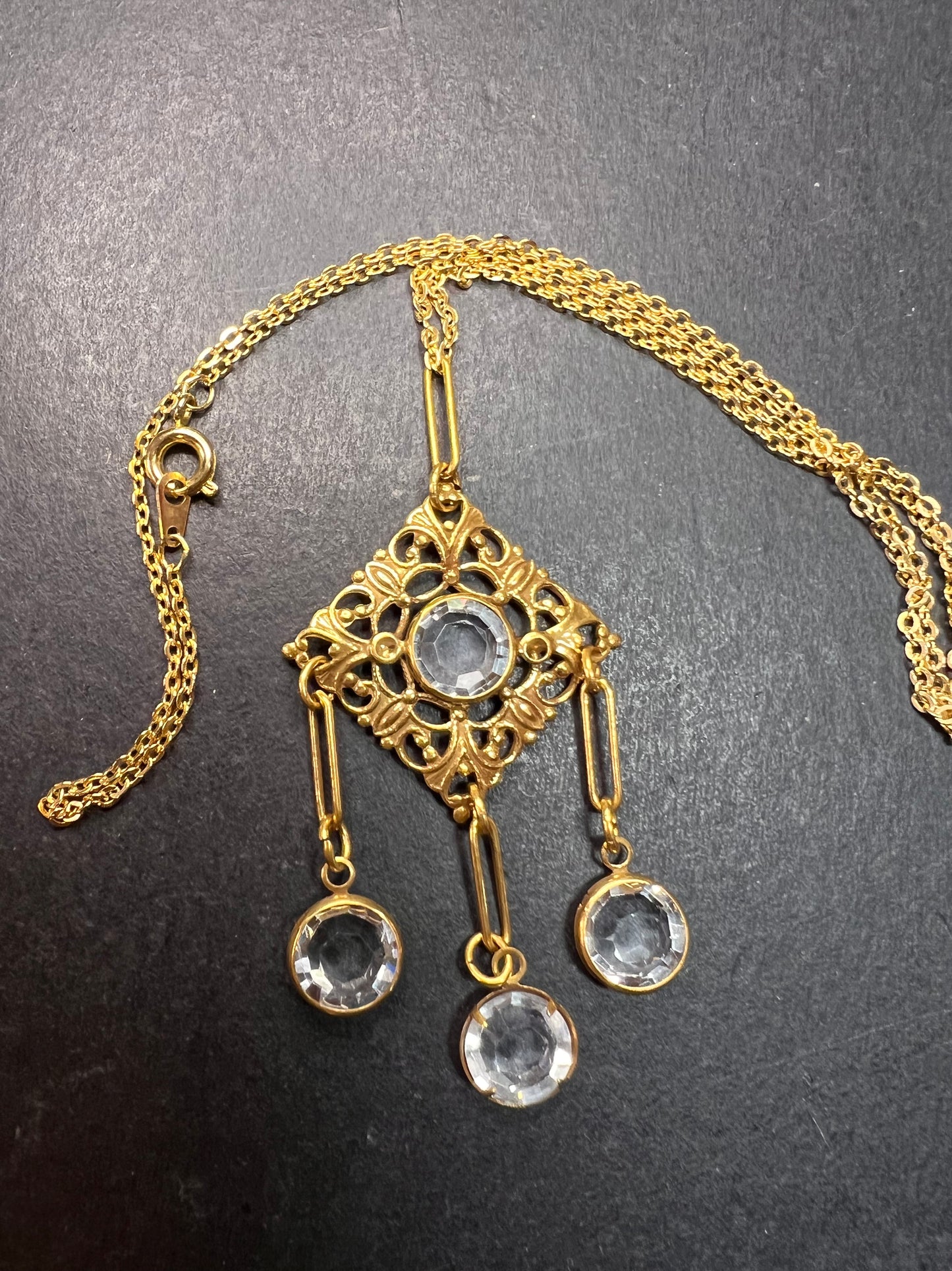 Vintage Victorian Revival Gold Tone Filigree Chandelier Necklace w/ Rivoli Glass