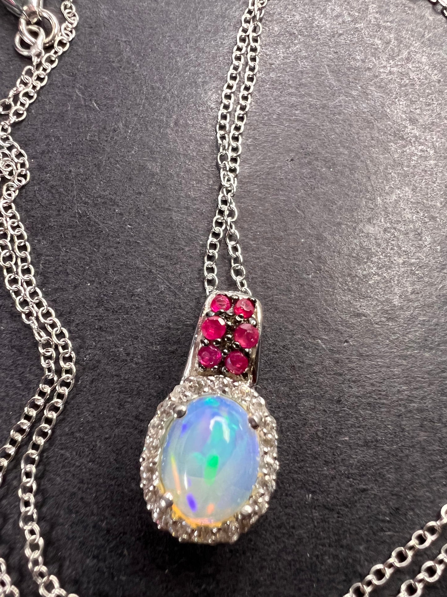 Ethiopian opal, ruby and zircon pendant and chain in platinum over sterling silver *NEW*