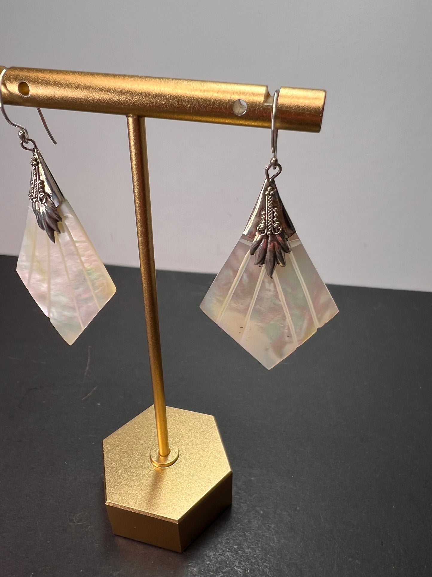 Mother of pearl sterling silver diamond dangle earrings