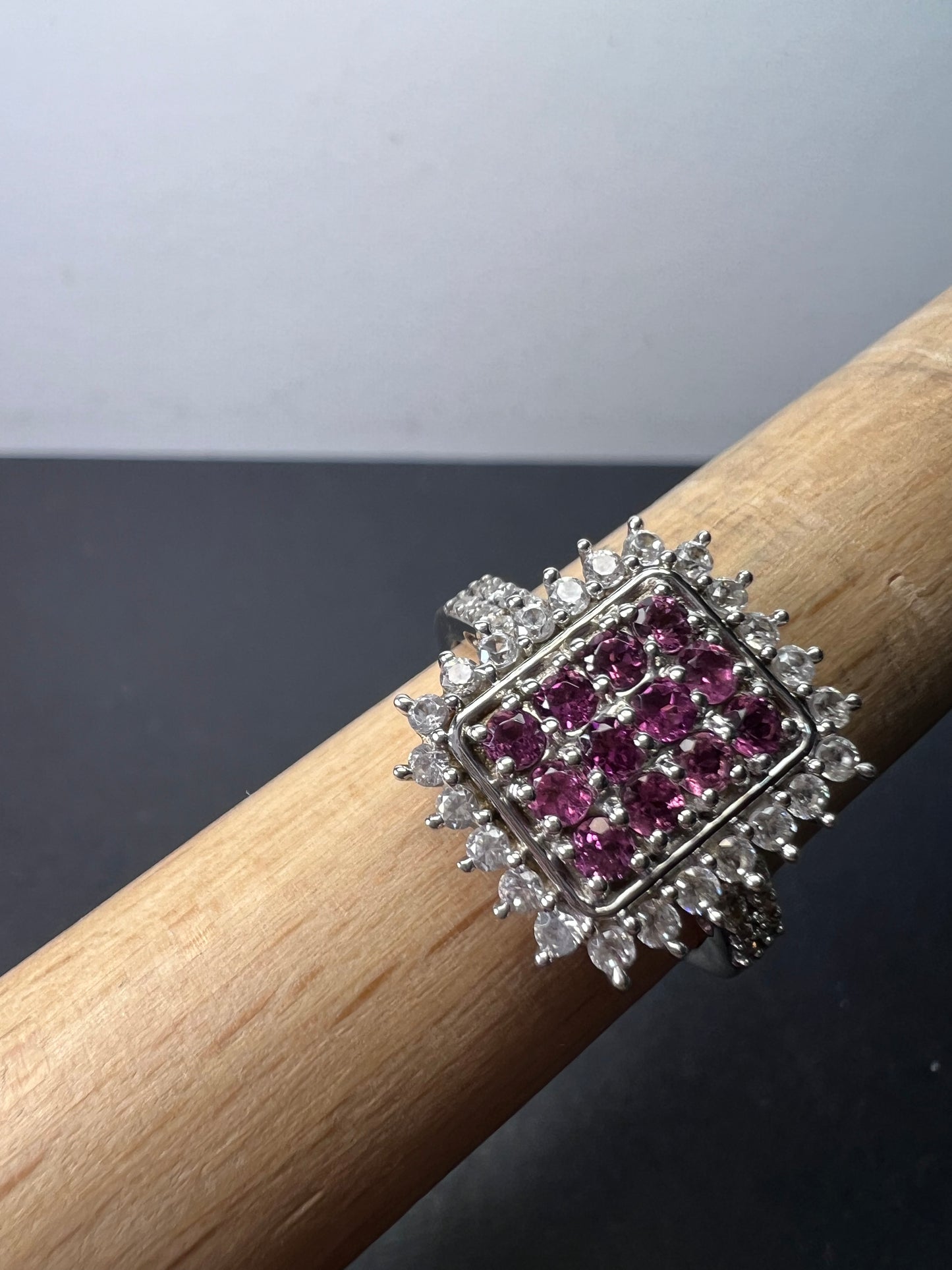 Pink tourmaline and white topaz sterling silver cluster ring size 9