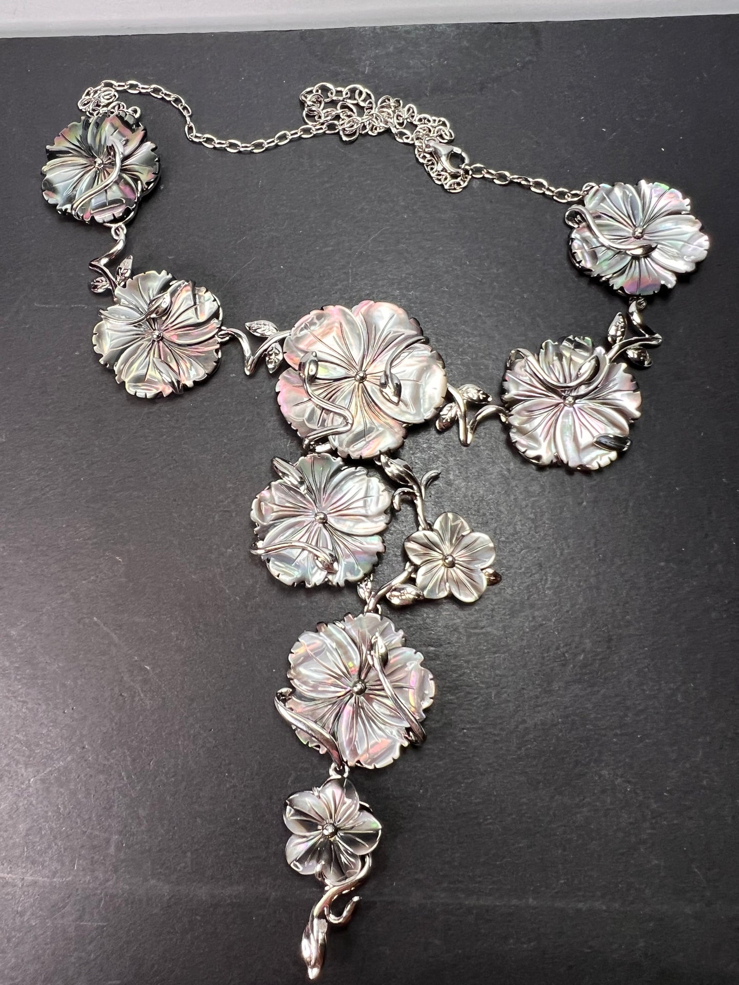 Tahitian Mother-of-Pearl Rhodium Over Sterling Silver 19 Inch Floral Necklace