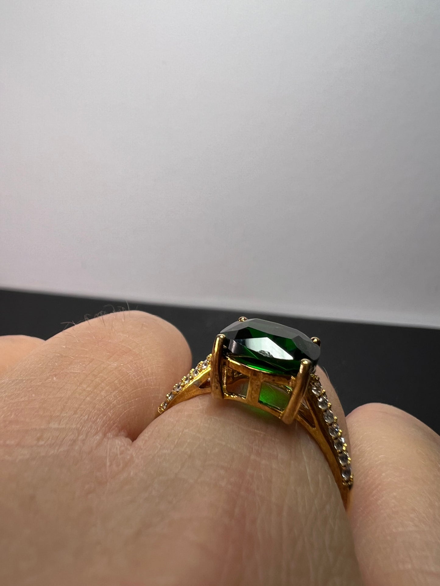 Green cushion cut CZ ring in gold over sterling silver size 9