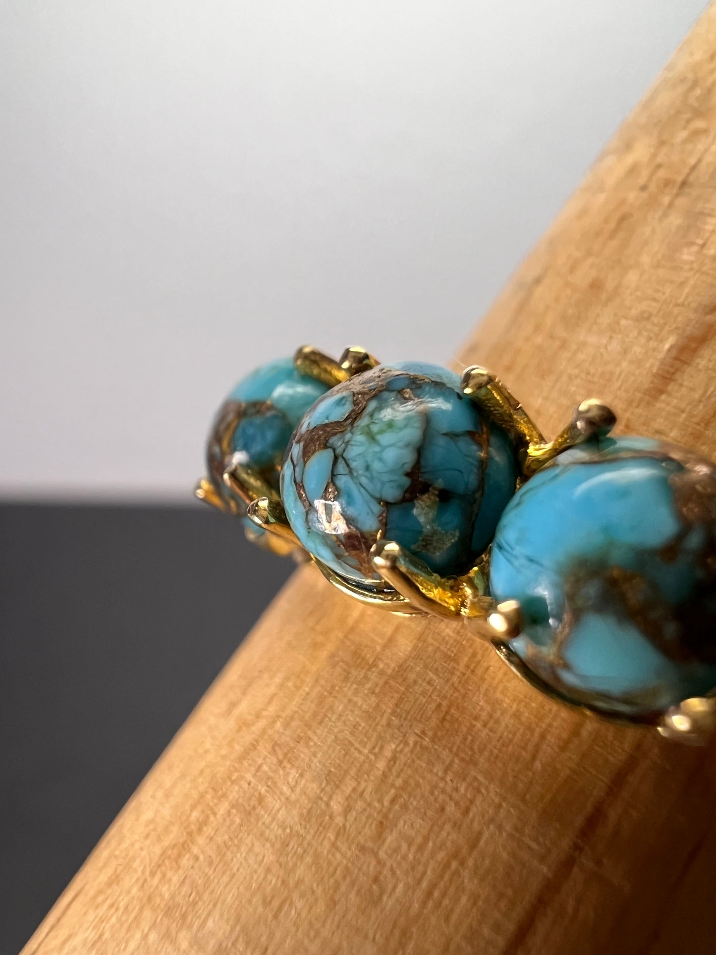 Blue composite turquoise trilogy ring in gold over sterling silver size 9