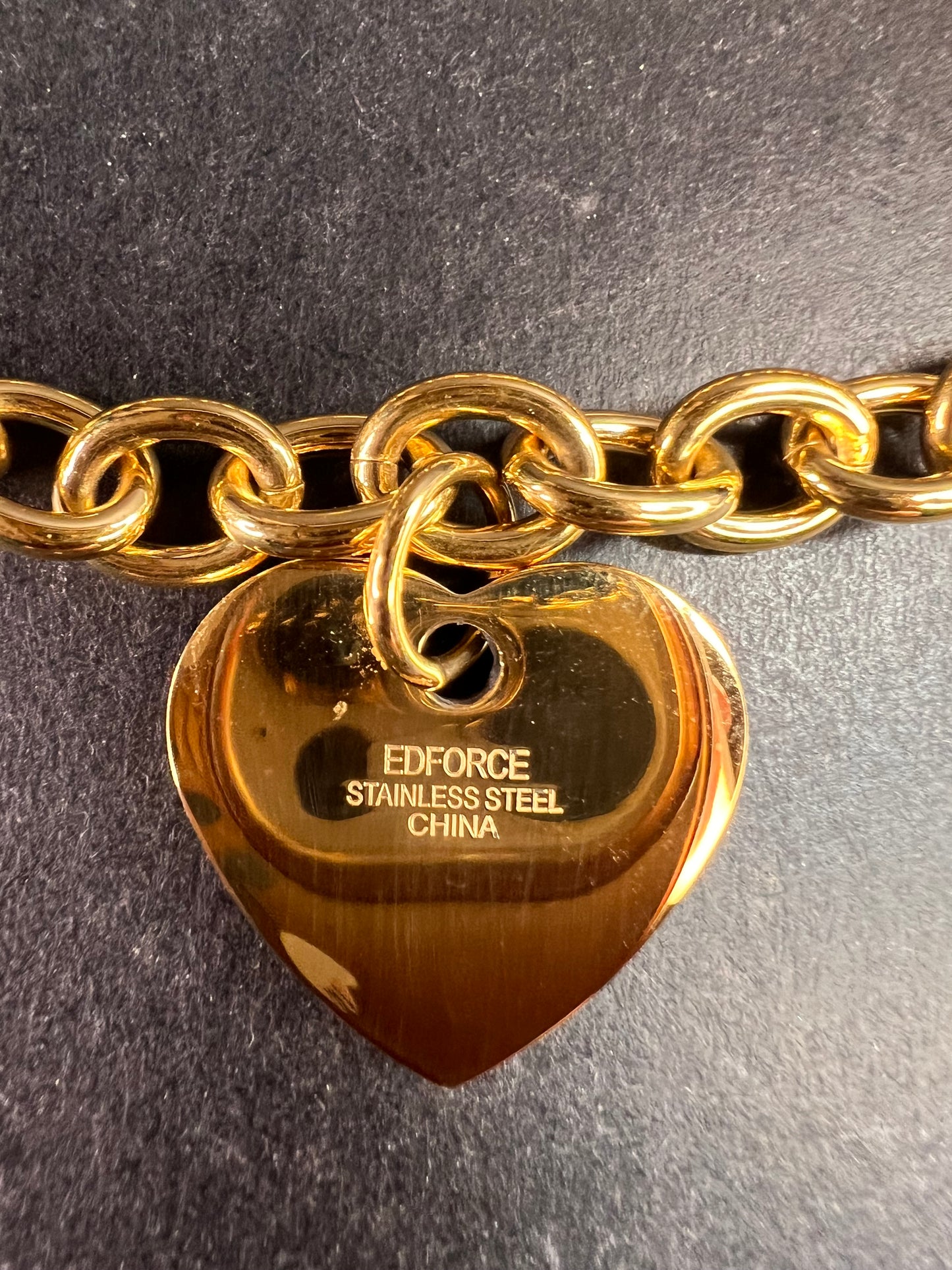 EDFORCE Gold Tone Stainless Steel Chunky Link Heart Charm Bracelet 7.5" NWOT