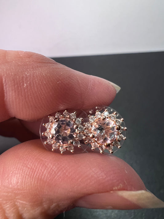 morganite and white topaz halo stud earrings in 18k rose gold over sterling