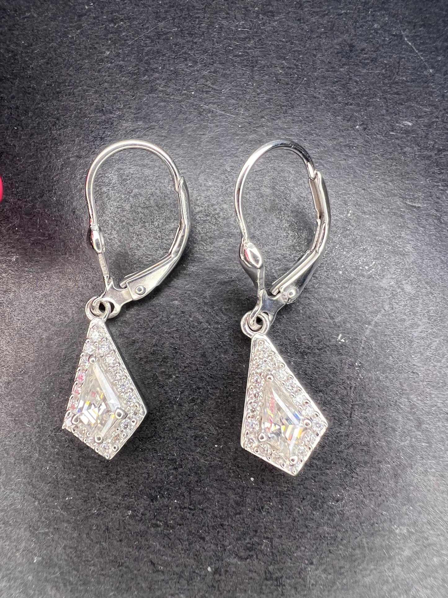 Moissanite lever back kite earrings in platinum over sterling silver *NEW*