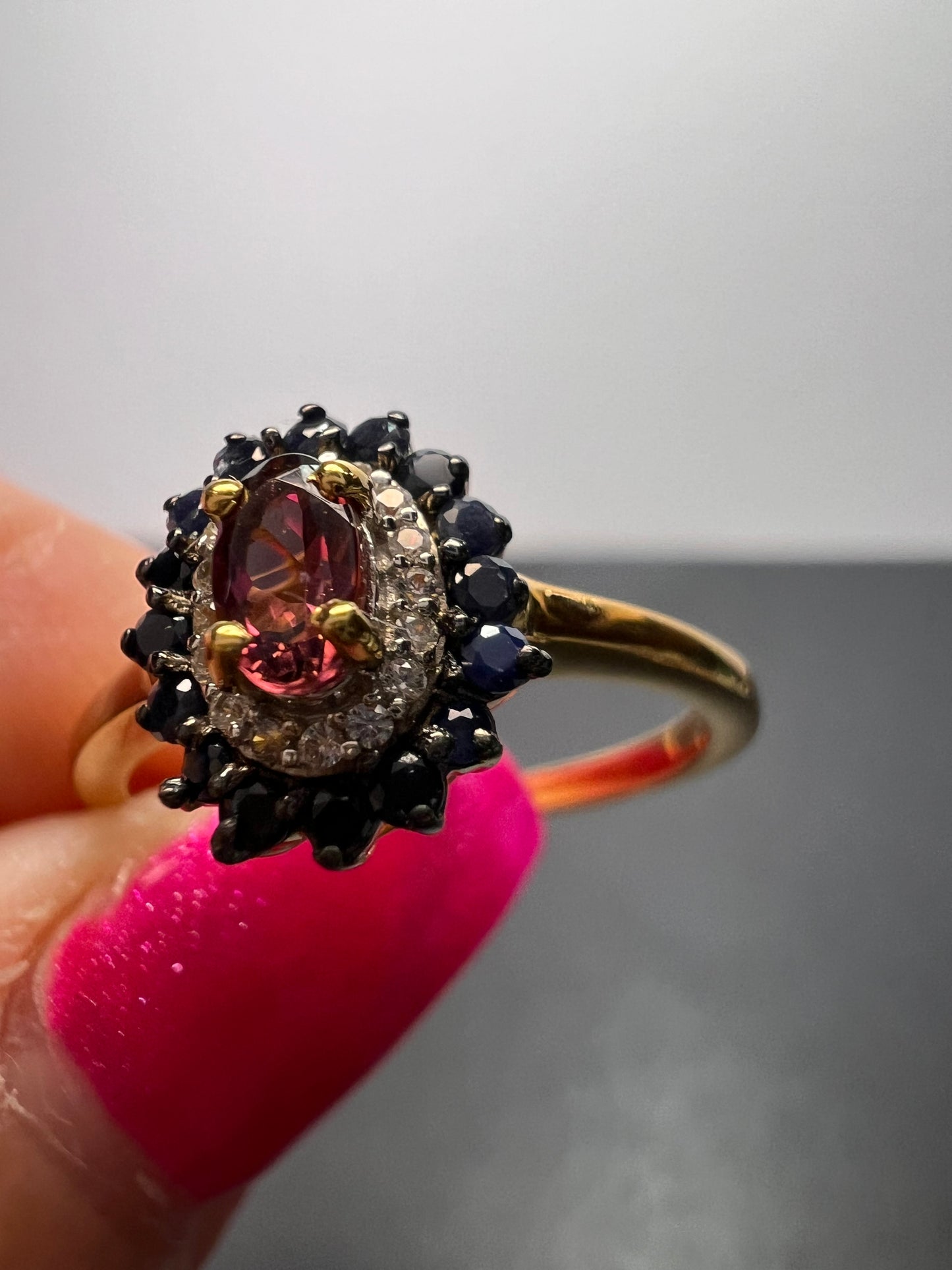 Ofiki rubellite and blue sapphire double halo ring in vermeil yellow gold over sterling silver size 8