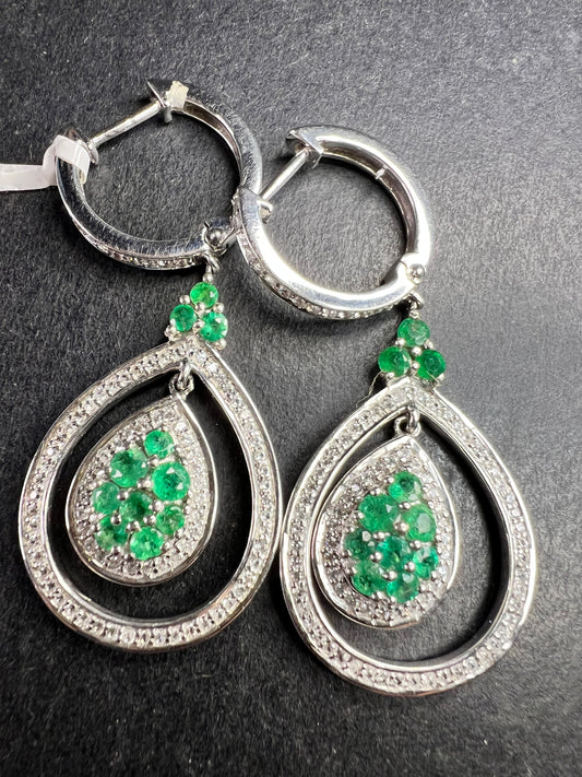 New Natural Emerald & 3.05ct Diamond 925 Silver Drop Earrings
