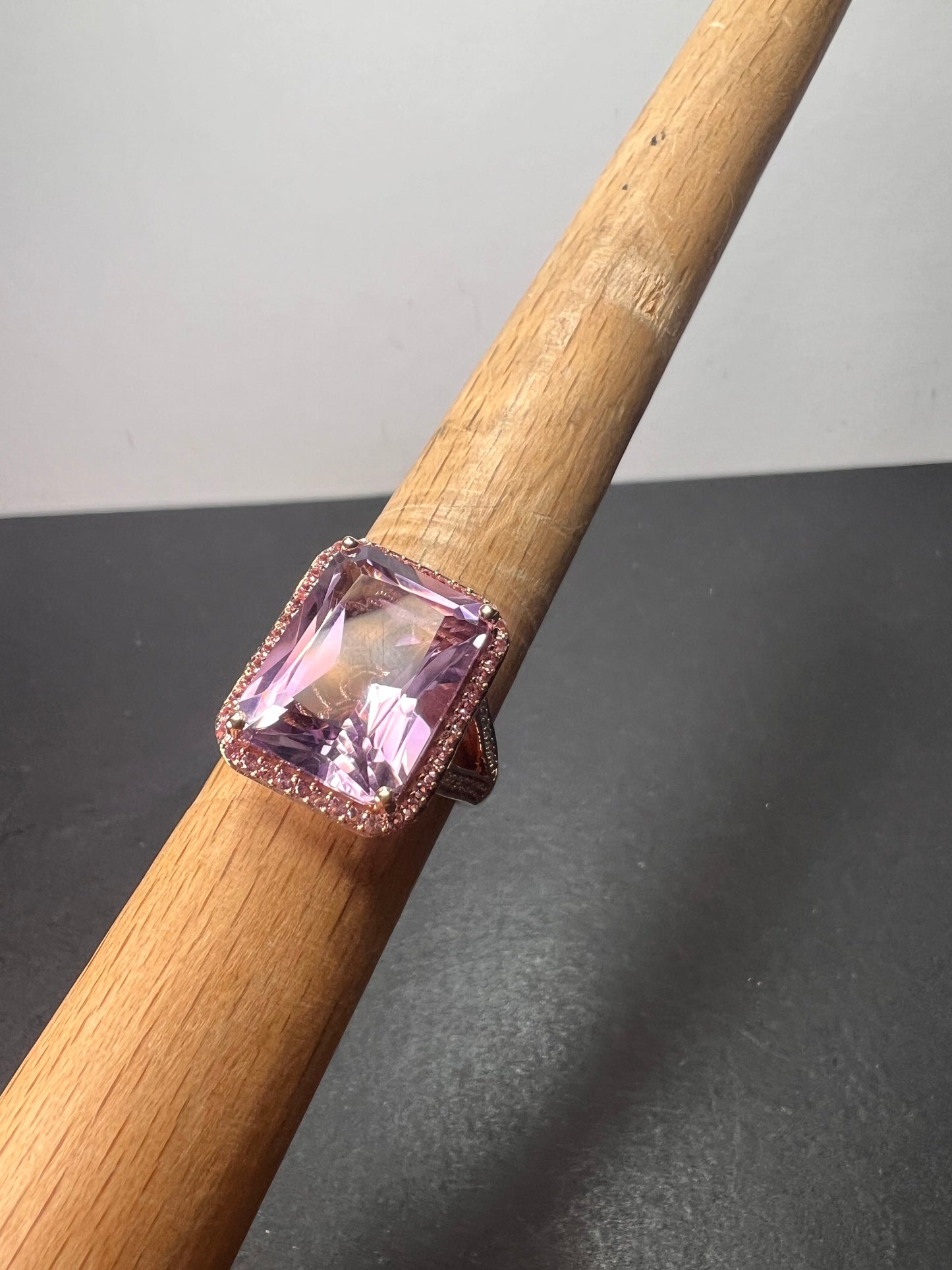 Radiant cut rose de France amethyst and pink sapphire halo ring in rose gold vermeil over sterling silver size 8 *NEW*