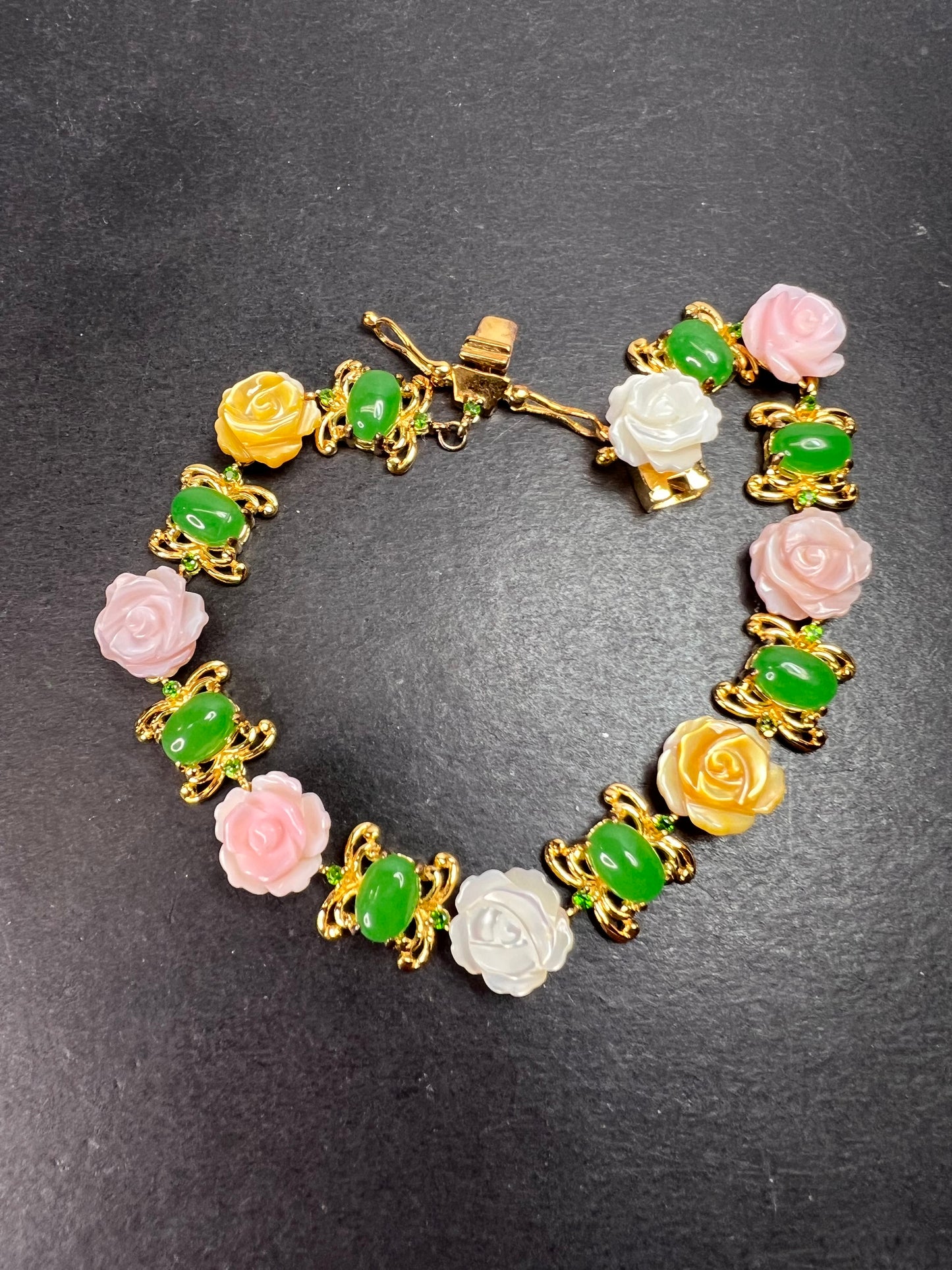 Mother of pearl roses , jade and chrome diopside bracelet in gold over sterling silver 7.5 inches