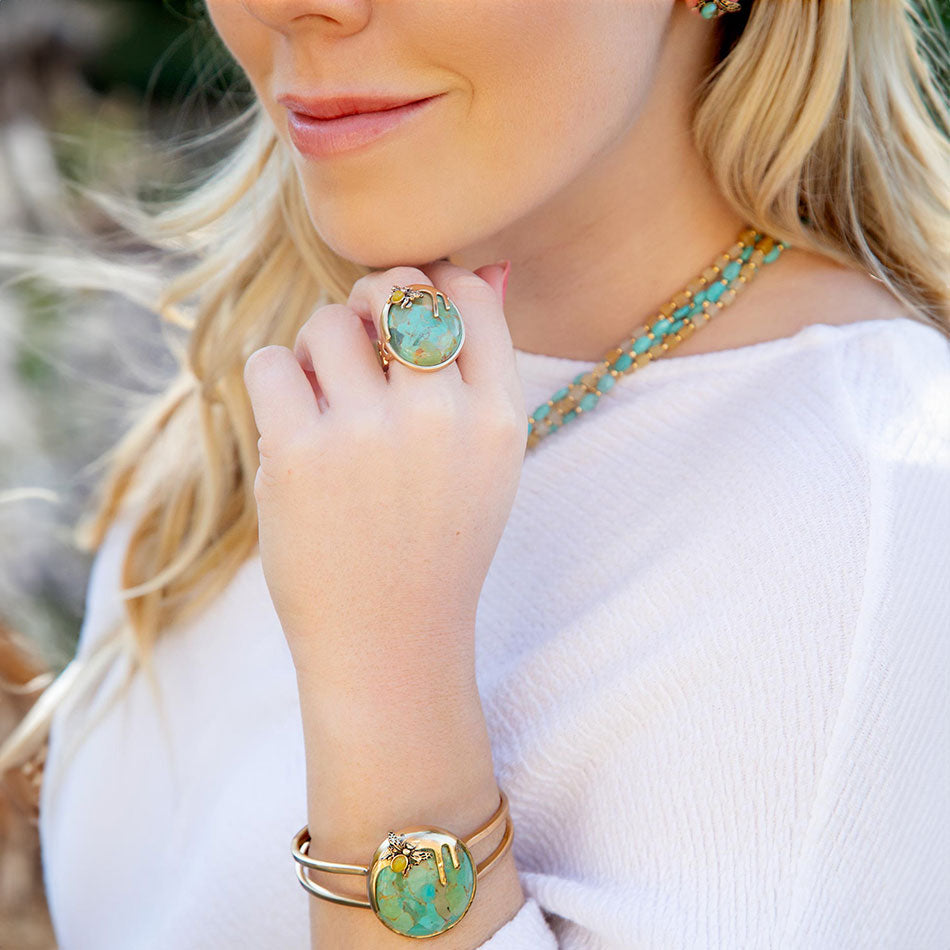 Barse Honey Bee Blue Turquoise Golden Cuff Bracelet