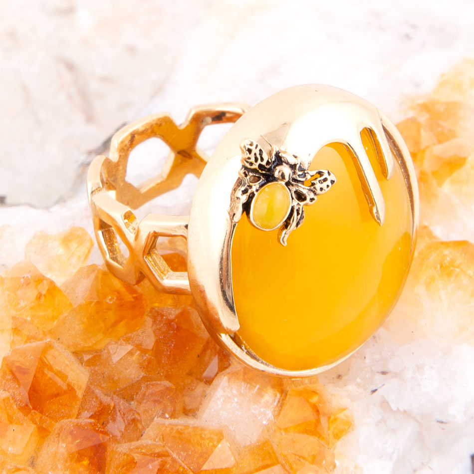 Barse Honey Bee Yellow Agate Golden Ring