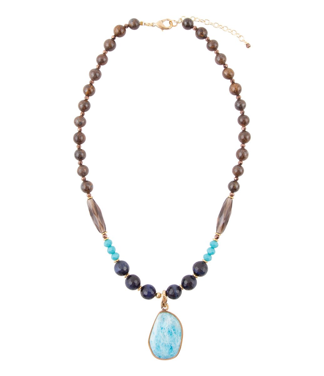 Barse Argo Blue Apatite and Brown Tiger's Eye Golden Pendant Necklace