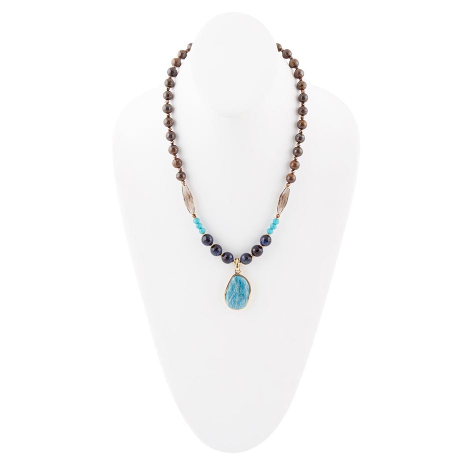 Barse Argo Blue Apatite and Brown Tiger's Eye Golden Pendant Necklace