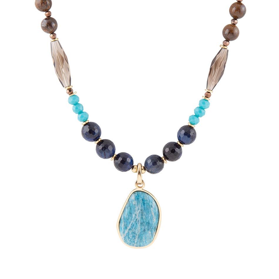 Barse Argo Blue Apatite and Brown Tiger's Eye Golden Pendant Necklace