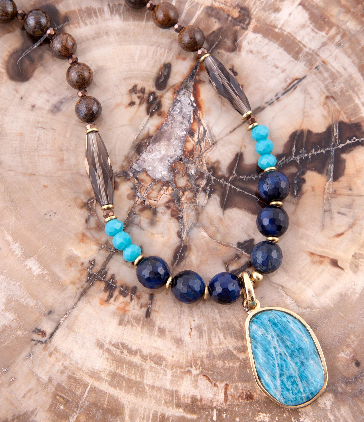 Barse Argo Blue Apatite and Brown Tiger's Eye Golden Pendant Necklace