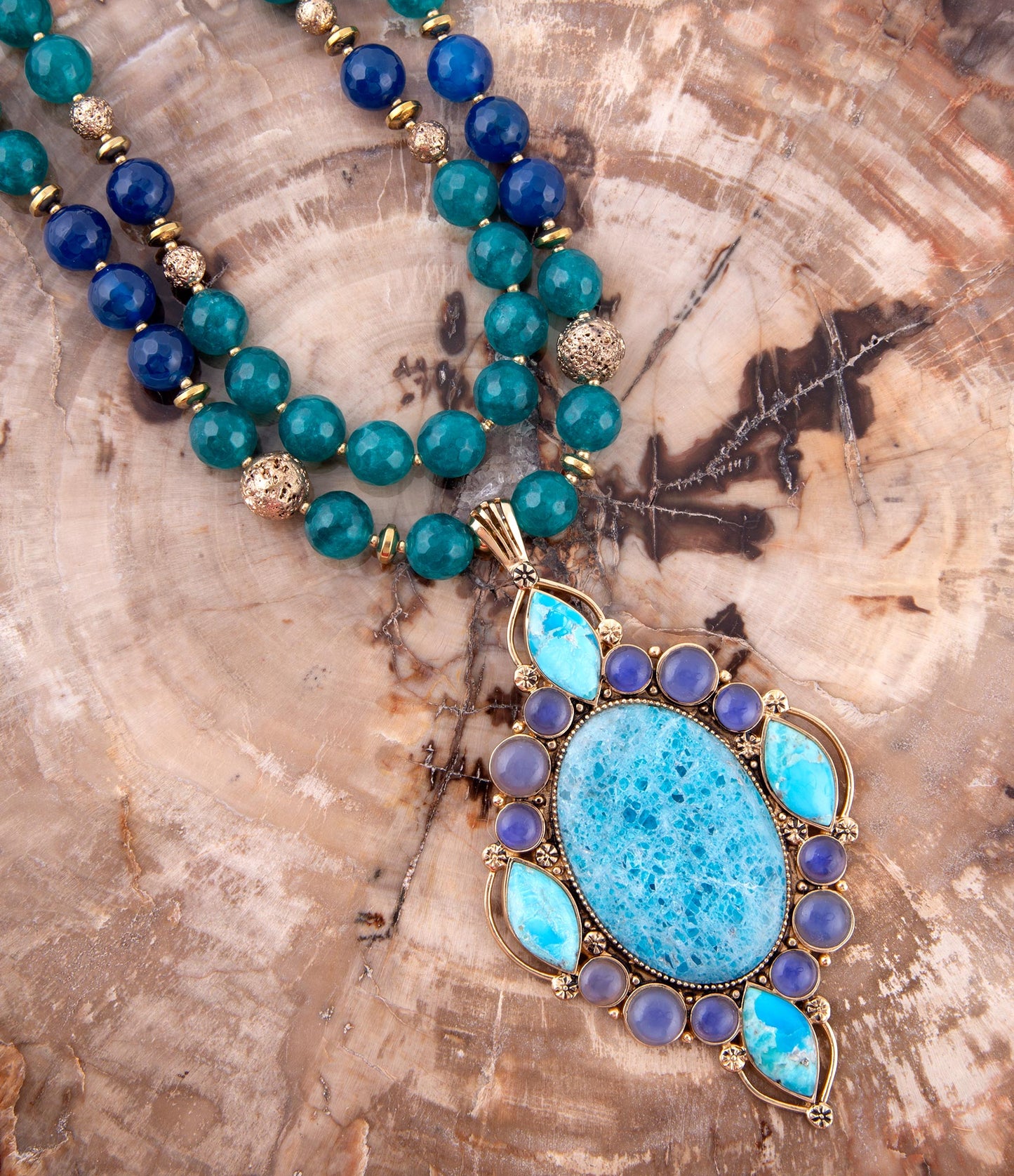 Barse Argo Blue Apatite and Golden Bronze Pendant Necklace