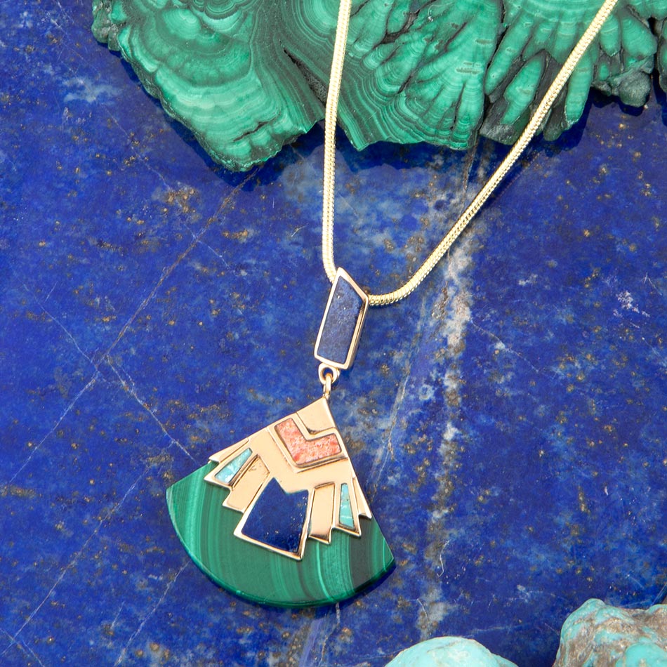 Barse Art Deco Colorful Inlay Golden Pendant Necklace