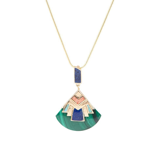 Barse Art Deco Colorful Inlay Golden Pendant Necklace