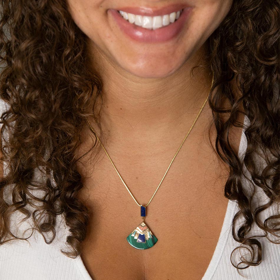 Barse Art Deco Colorful Inlay Golden Pendant Necklace