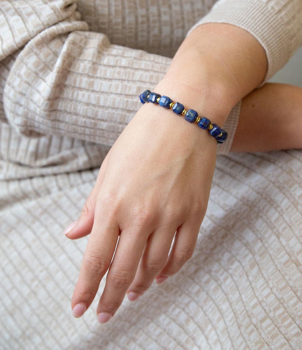 Barse Azul Blue Cubed Lapis Golden Stretch Bracelet