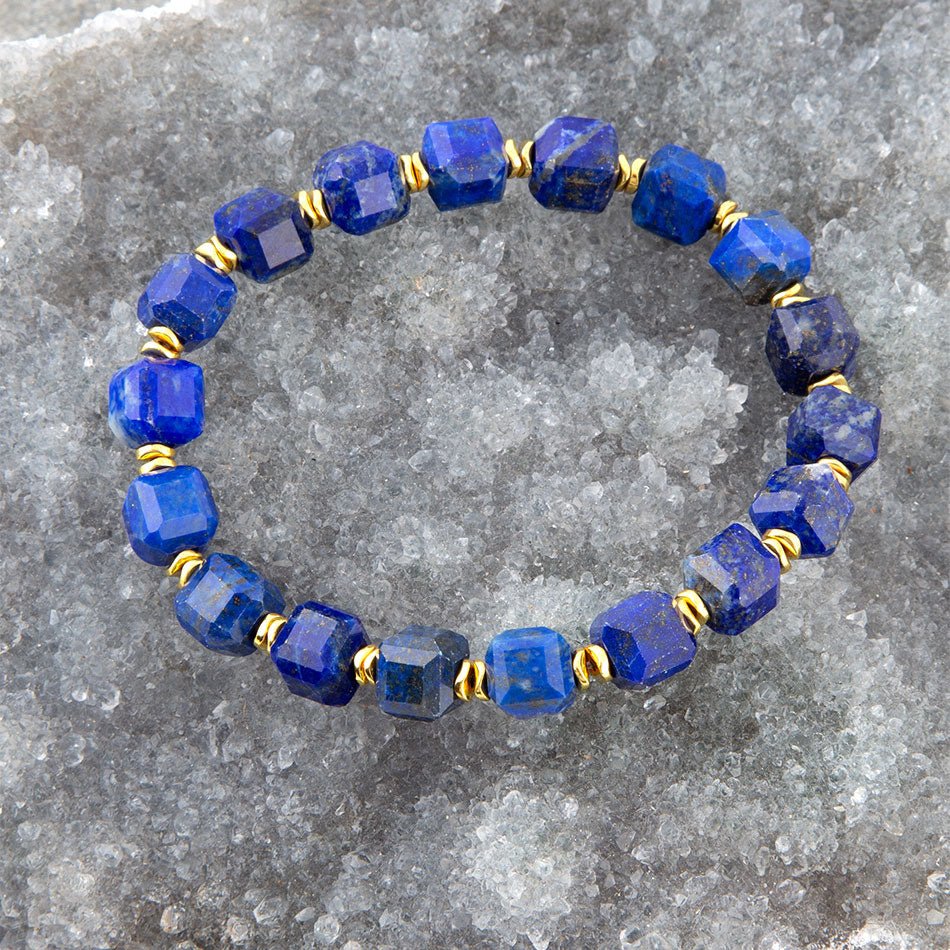 Barse Azul Blue Cubed Lapis Golden Stretch Bracelet
