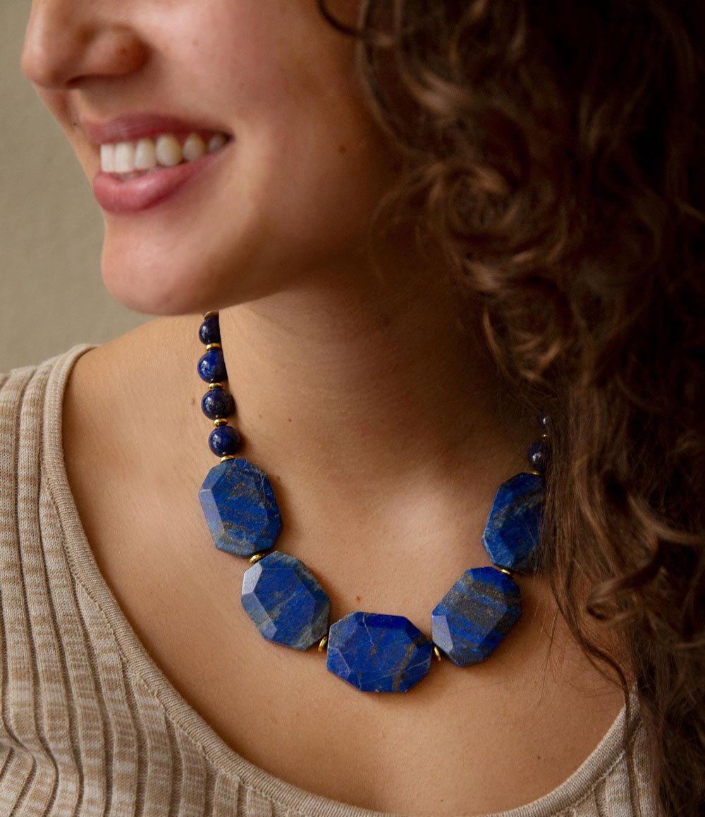 Barse Azul Blue Lapis Golden Statement Necklace