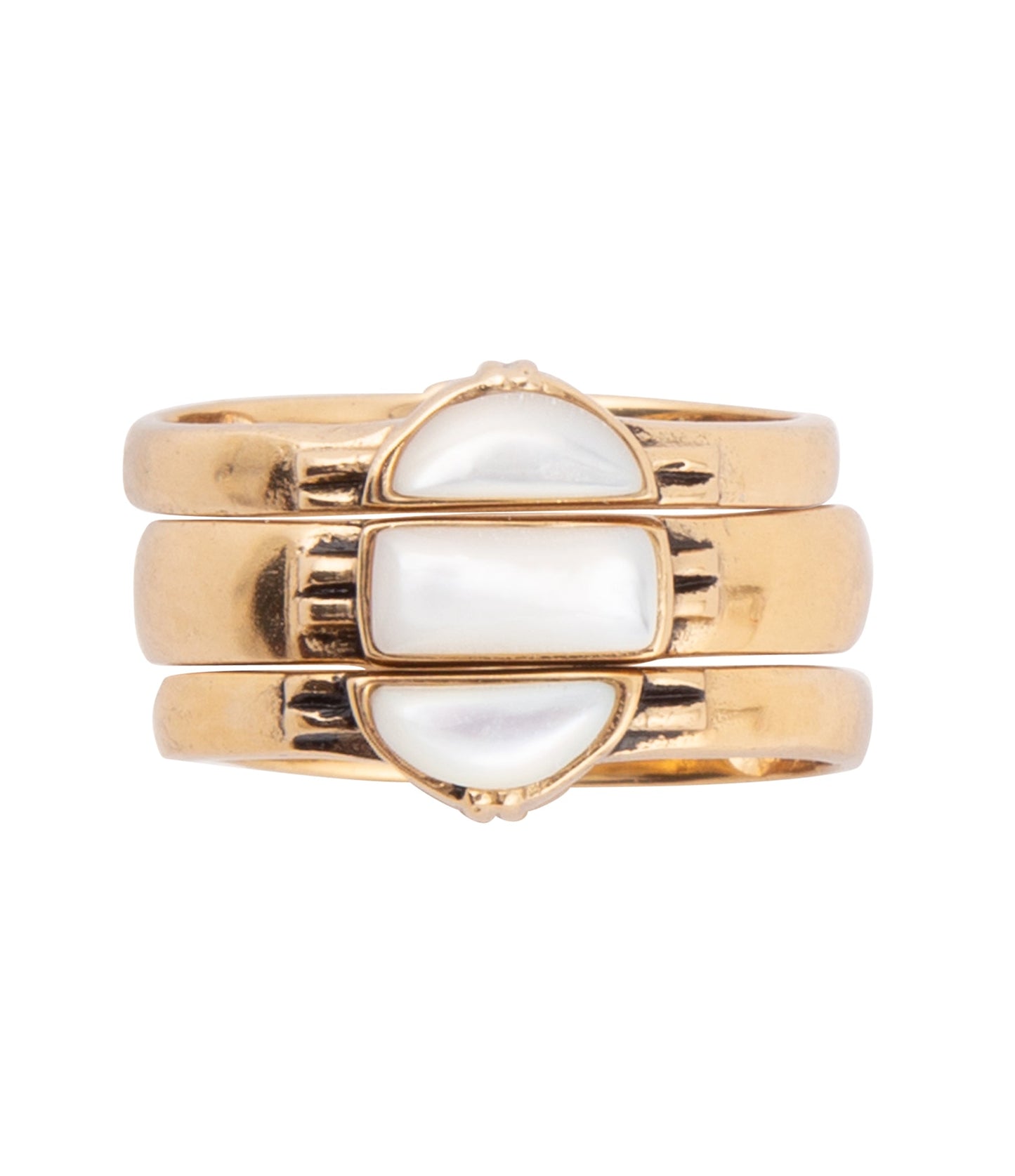 Barse Baguette White Mother of Pearl Golden Stack Ring Set