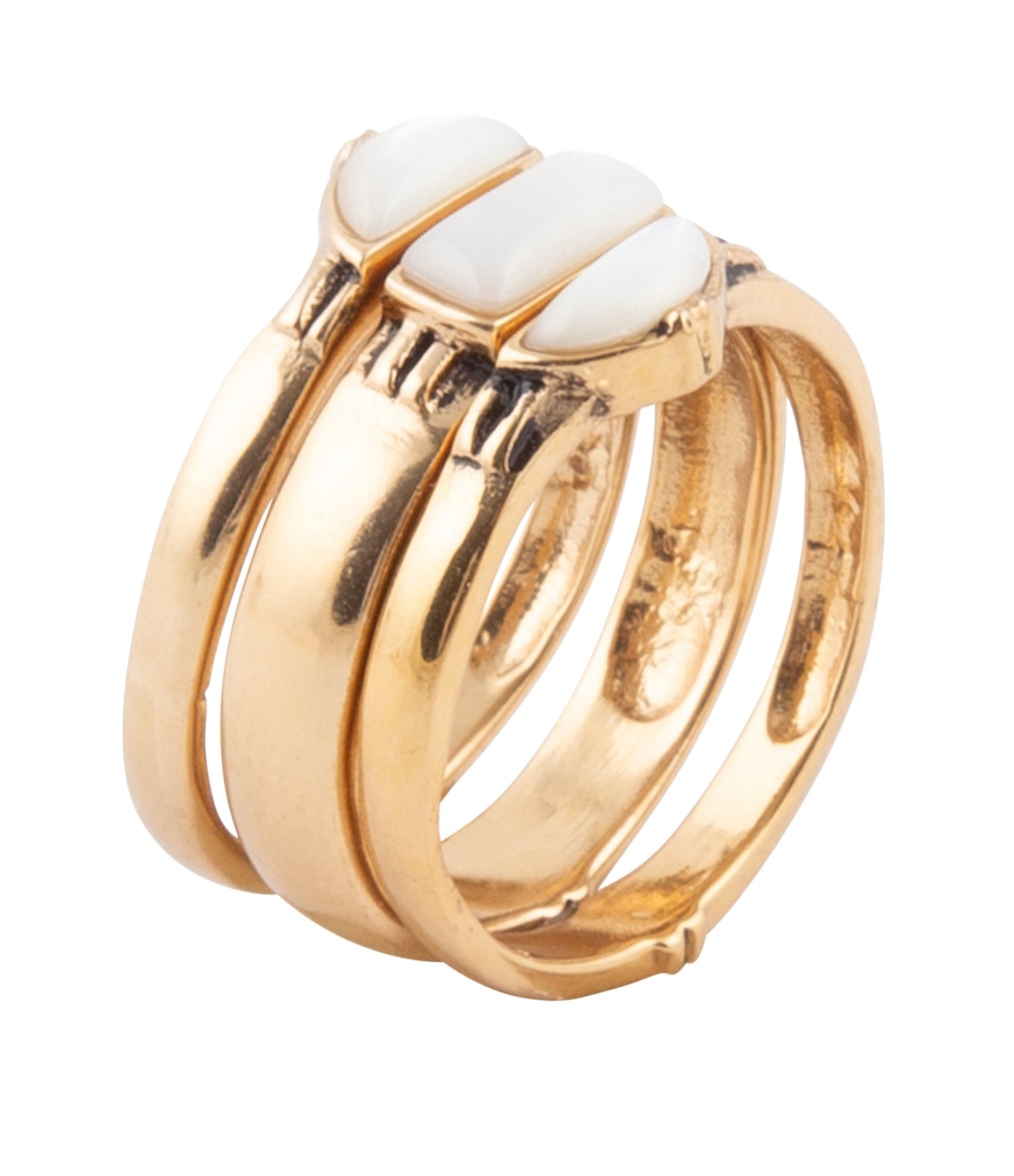 Barse Baguette White Mother of Pearl Golden Stack Ring Set