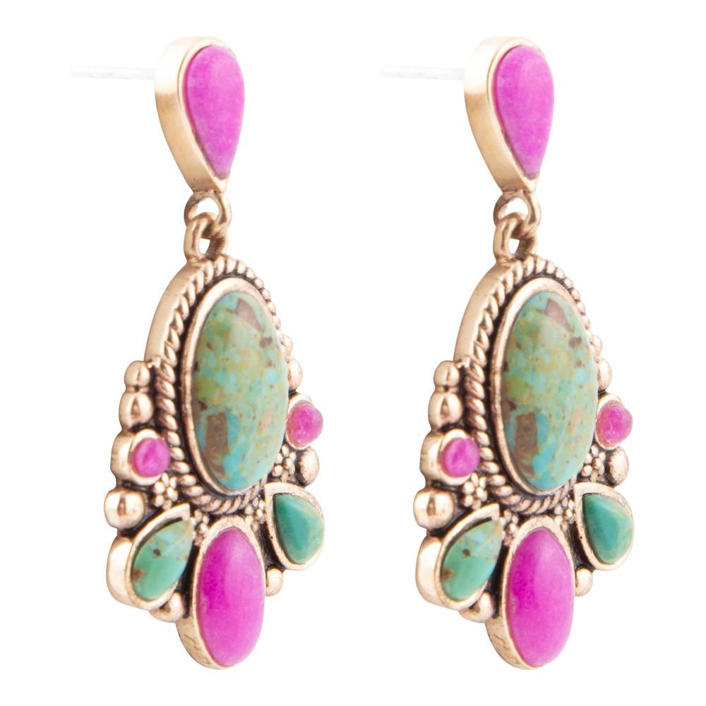 Barse Barcelona Blue Turquoise and Pink Agate Golden Drop Earrings