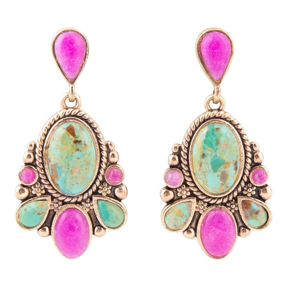 Barse Barcelona Blue Turquoise and Pink Agate Golden Drop Earrings