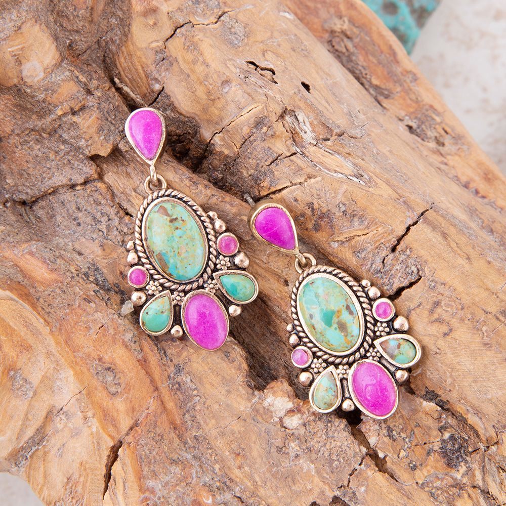 Barse Barcelona Blue Turquoise and Pink Agate Golden Drop Earrings