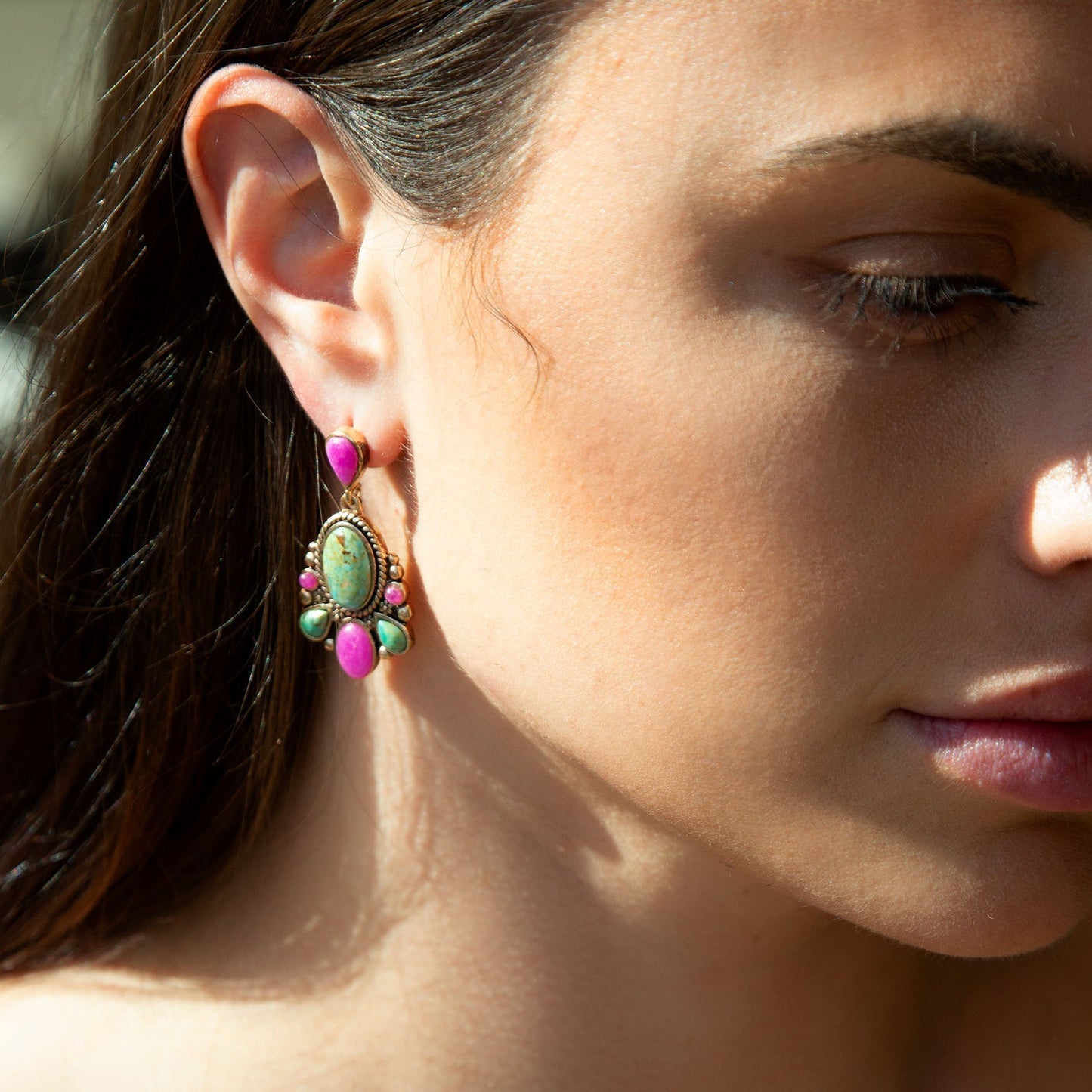 Barse Barcelona Blue Turquoise and Pink Agate Golden Drop Earrings