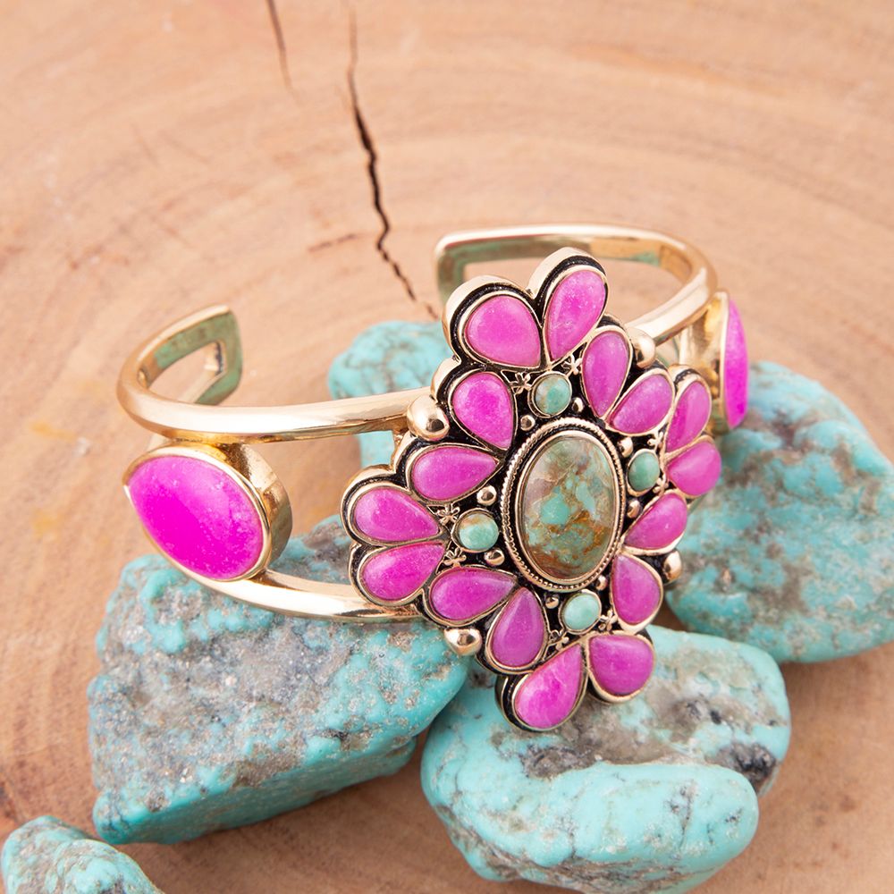 Barse Barcelona Pink Agate and Blue Turquoise Statement Cuff Bracelet