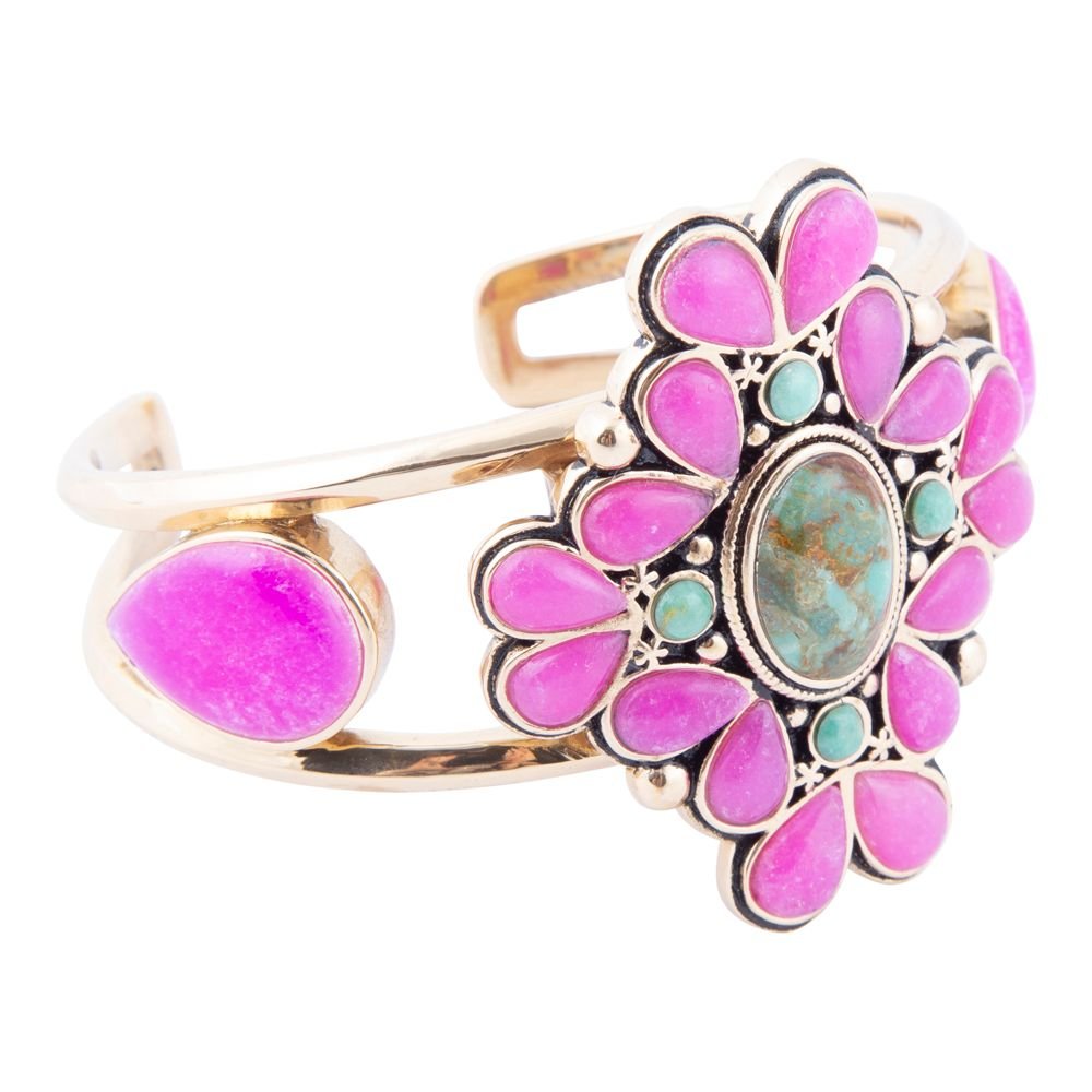 Barse Barcelona Pink Agate and Blue Turquoise Statement Cuff Bracelet