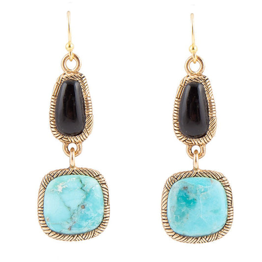 Barse Black Onyx and Blue turquoise Golden Bronze Drop Earrings