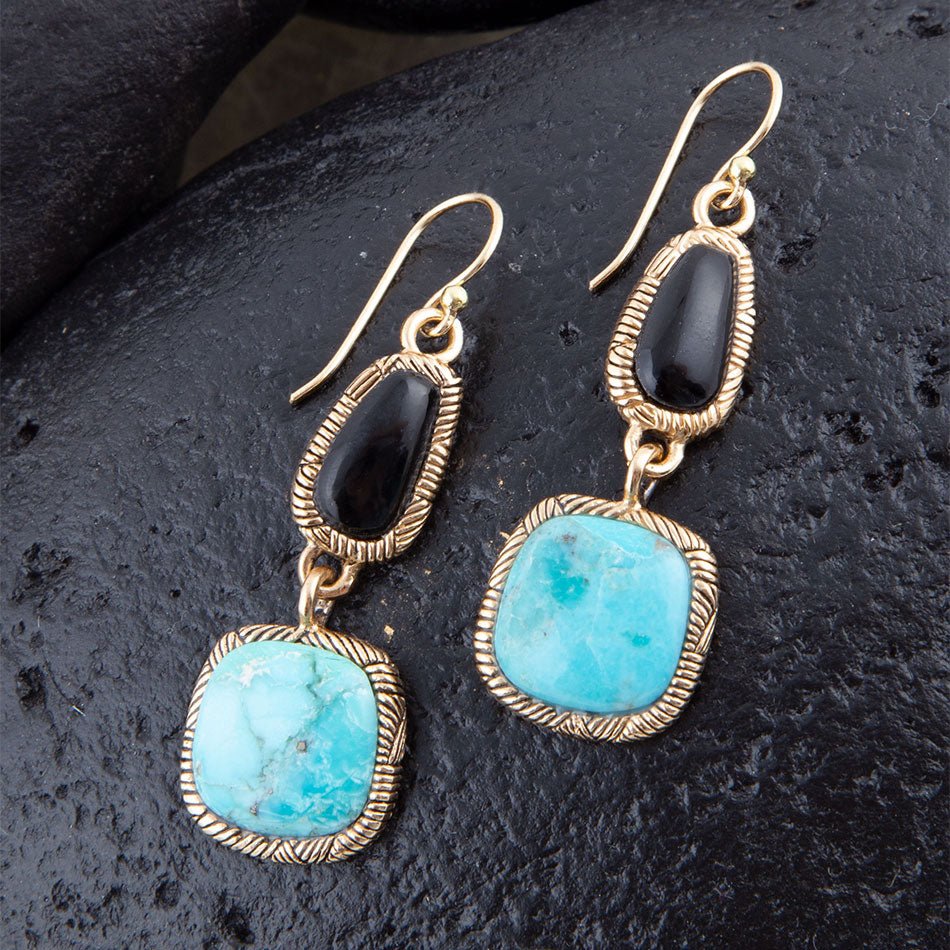 Barse Black Onyx and Blue turquoise Golden Bronze Drop Earrings