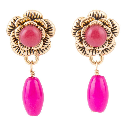 Barse Blooming Pink Agate Post Golden Earrings