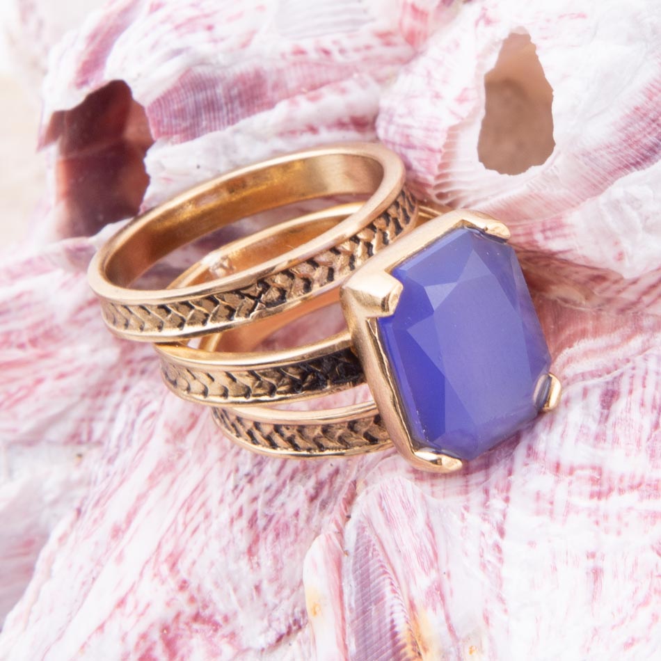 Barse Blue Agate Stackable Golden Three Set Ring