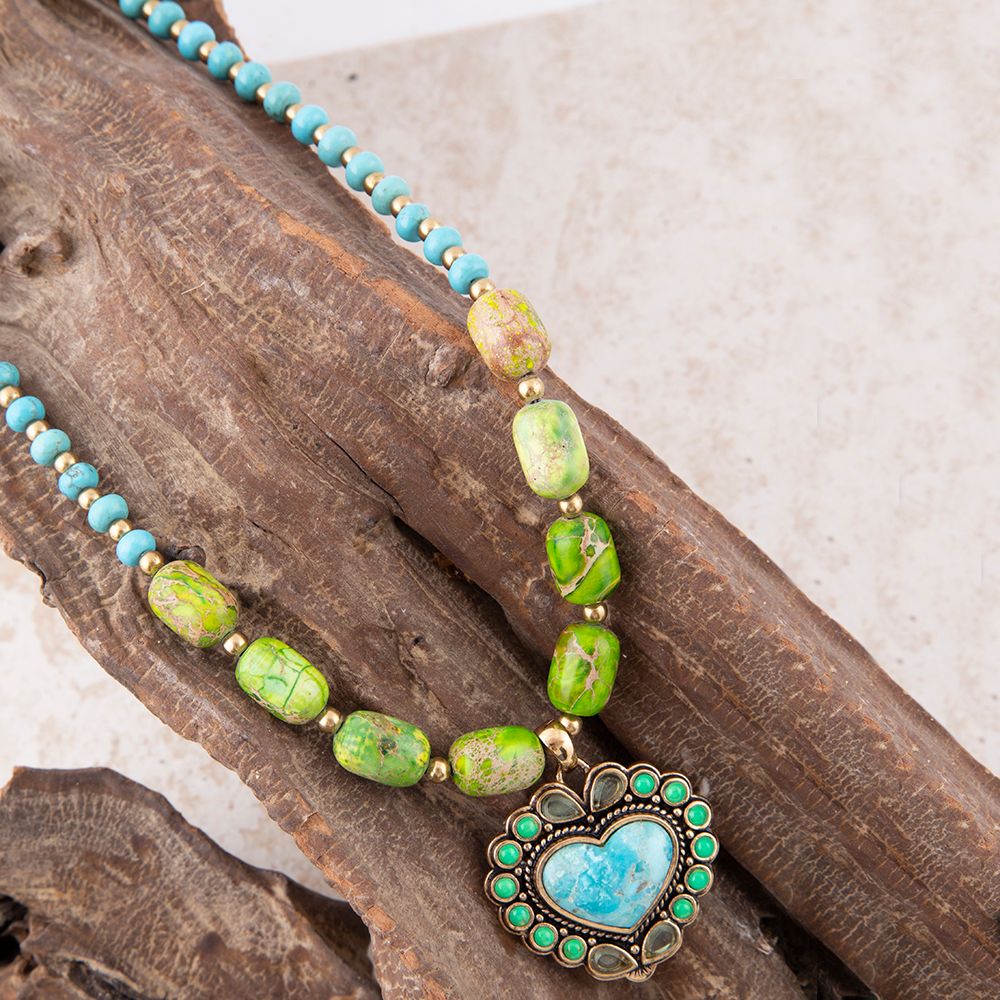 Barse Legacy Heart Lime Green and Blue Turquoise Golden Pendant Necklace