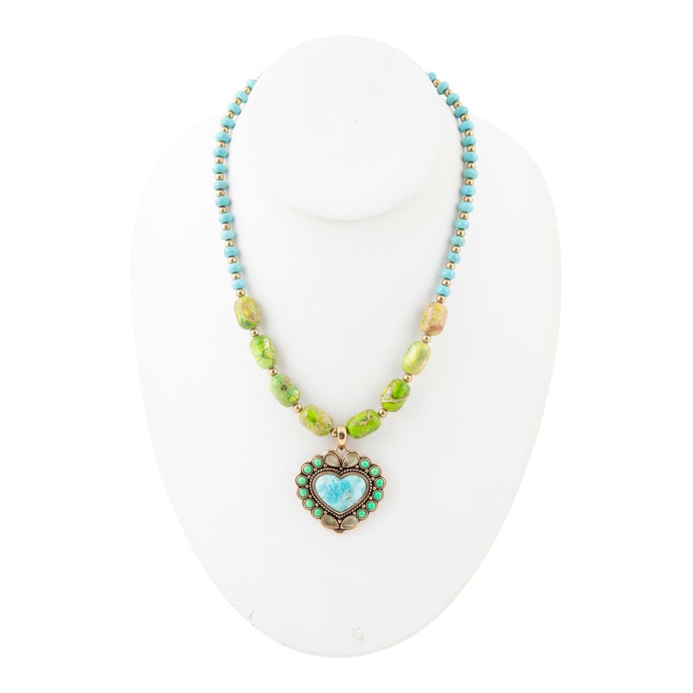 Barse Legacy Heart Lime Green and Blue Turquoise Golden Pendant Necklace