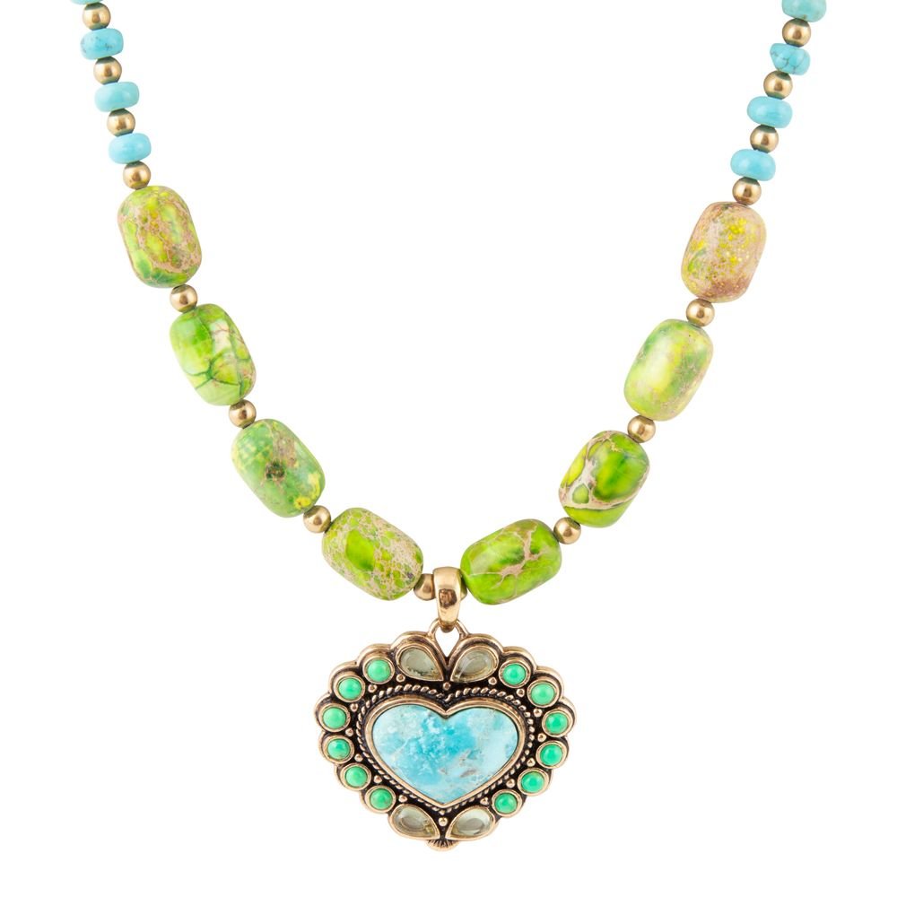 Barse Legacy Heart Lime Green and Blue Turquoise Golden Pendant Necklace