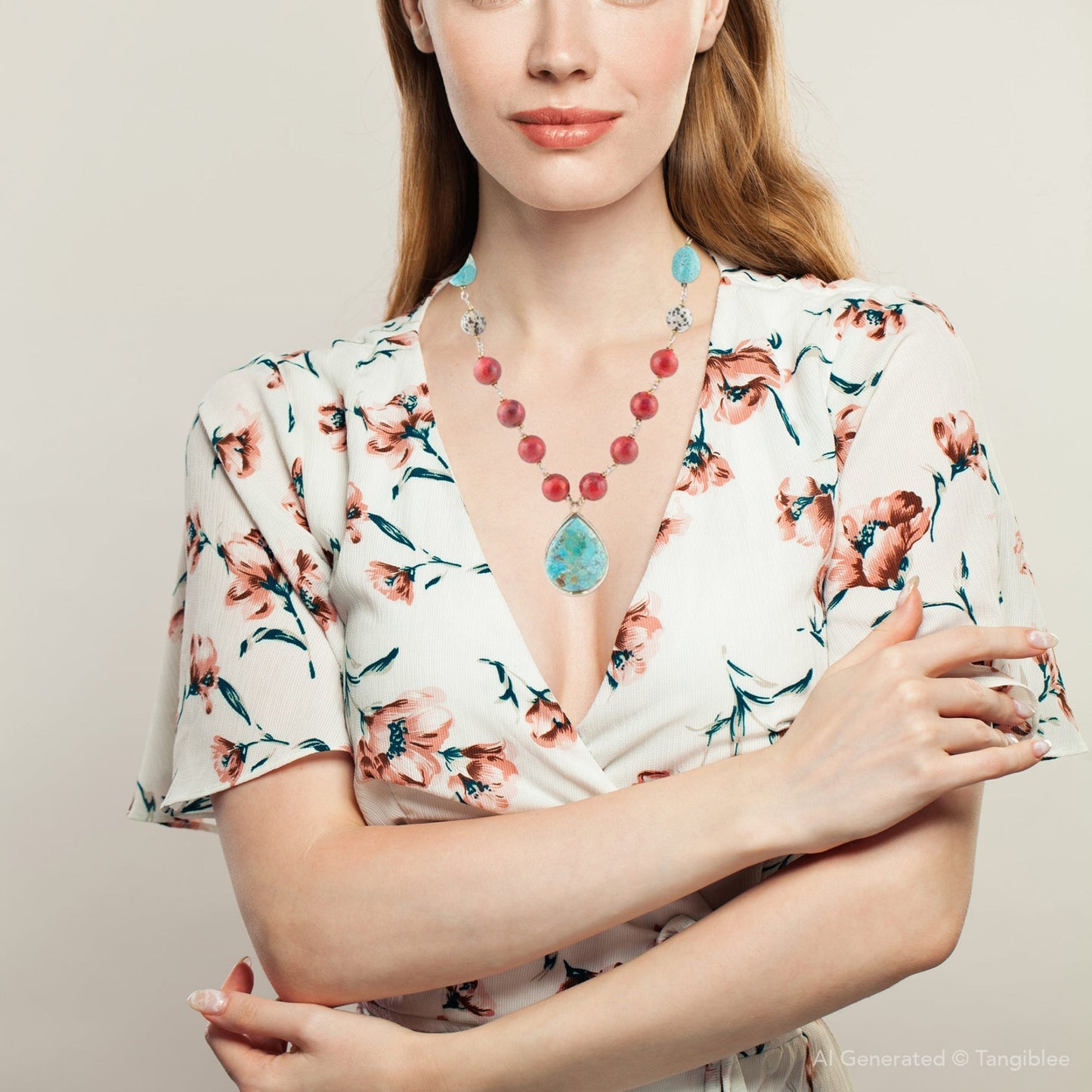 Barse Blue and Red Turquoise Teardrop Golden Necklace