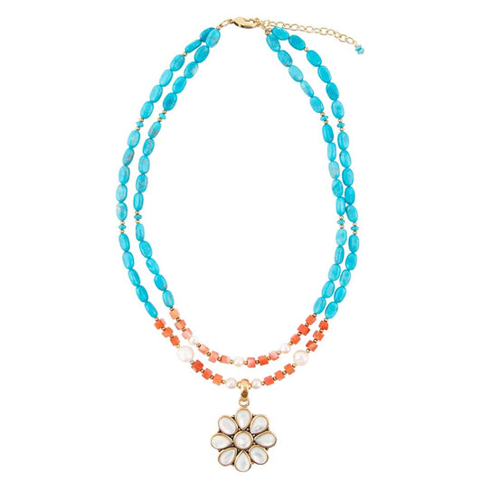 Blue and White Hibiscus Mother of Pearl Pendant and Necklace