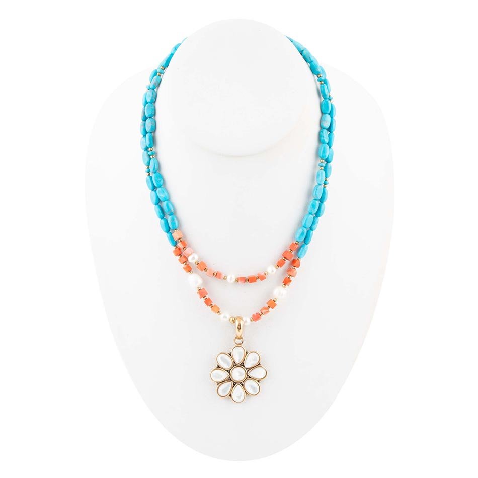 Blue and White Hibiscus Mother of Pearl Pendant and Necklace