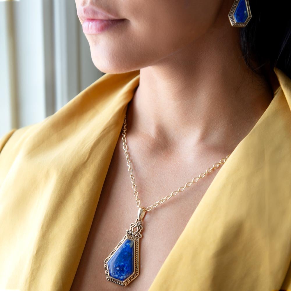 Barse Blue Lapis Golden Elongated Pendant Necklace