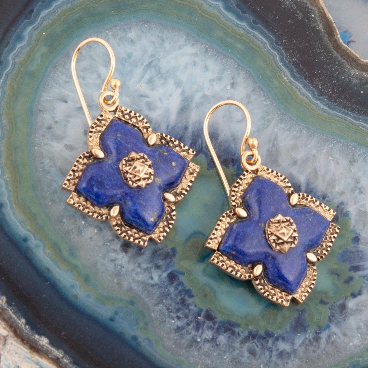 Barse Blue Lapis Maltese Golden Cross Drop Earrings