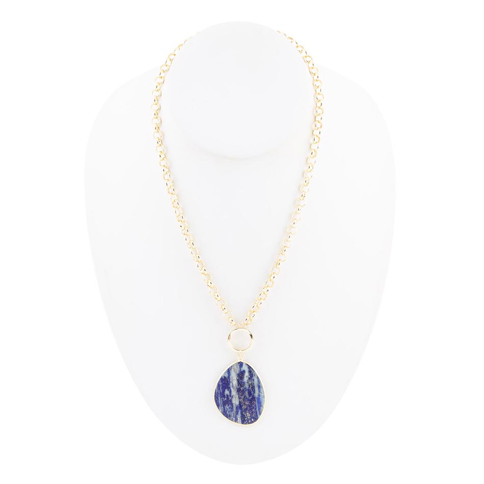 Barse Blue Lapis Slab Pendant Golden Necklace